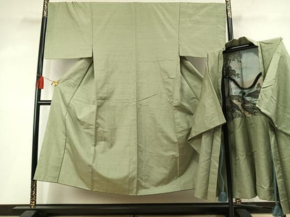 平和屋着物●男性　紬　アンサンブル　色無地　柳茶色　正絹　逸品　AABM4051fy