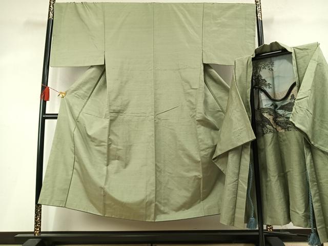 平和屋着物●男性　紬　アンサンブル　色無地　柳茶色　正絹　逸品　AABM4051fy