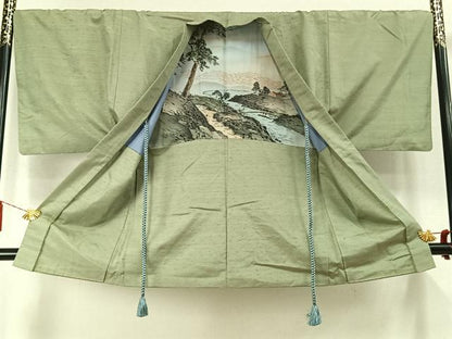 平和屋着物●男性　紬　アンサンブル　色無地　柳茶色　正絹　逸品　AABM4051fy