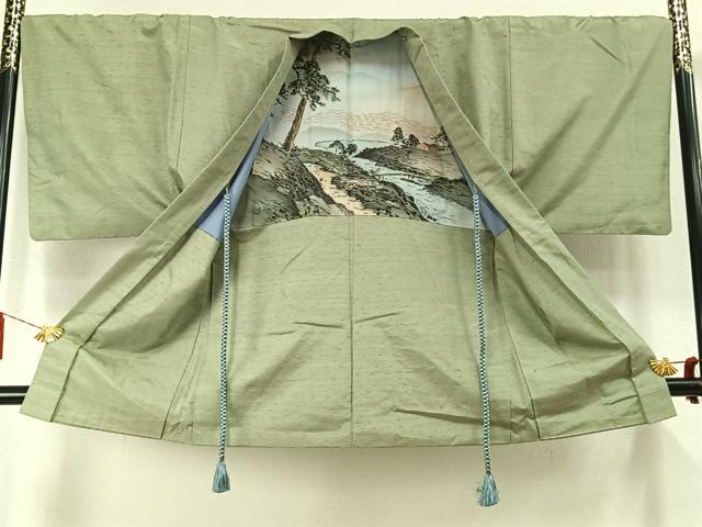 平和屋着物●男性　紬　アンサンブル　色無地　柳茶色　正絹　逸品　AABM4051fy