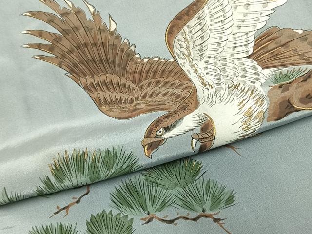 平和屋着物●男性　長襦袢　袷　手描き　鷹　松　暈し染め　金彩　正絹　逸品　AABM4065fy