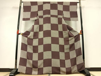 平和屋着物●上質な小紋　市松文様　鬼しぼ縮緬　正絹　逸品　AABM4078fy