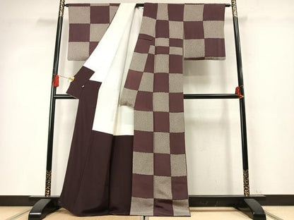 平和屋着物●上質な小紋　市松文様　鬼しぼ縮緬　正絹　逸品　AABM4078fy