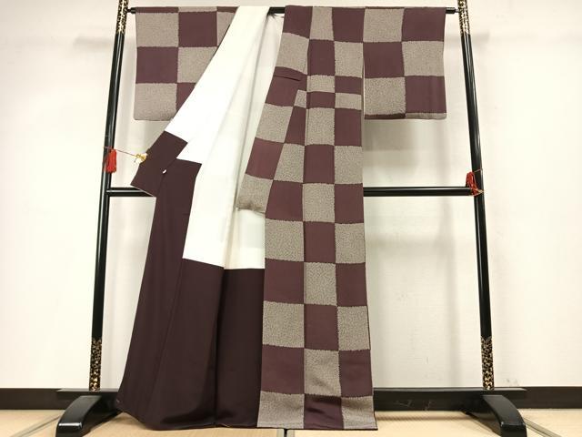平和屋着物●上質な小紋　市松文様　鬼しぼ縮緬　正絹　逸品　AABM4078fy