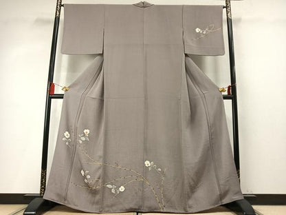 平和屋着物●訪問着　駒刺繍　枝花文　金彩　鬼しぼ縮緬　正絹　逸品　未使用　AABM4081fy