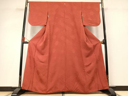 平和屋着物●上質な色無地　松皮菱地紋　赤丹色　正絹　逸品　AABM4087fy