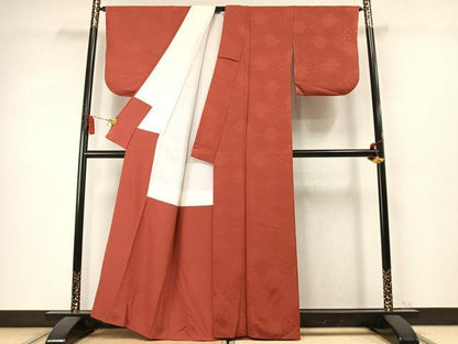 平和屋着物●上質な色無地　松皮菱地紋　赤丹色　正絹　逸品　AABM4087fy