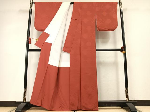 平和屋着物●上質な色無地　松皮菱地紋　赤丹色　正絹　逸品　AABM4087fy