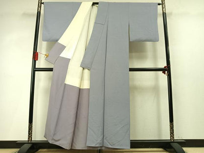 平和屋着物●上質な色無地　露芝地紋　灰青色　正絹　逸品　AABM4088fy