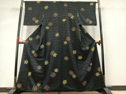 平和屋着物●上質な小紋　総絞り　舞葉文　黒地　正絹　逸品　AABM4104fy