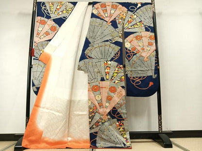 平和屋着物●豪華振袖　駒刺繍　扇面花文　金彩　正絹　逸品　AABM4114fy