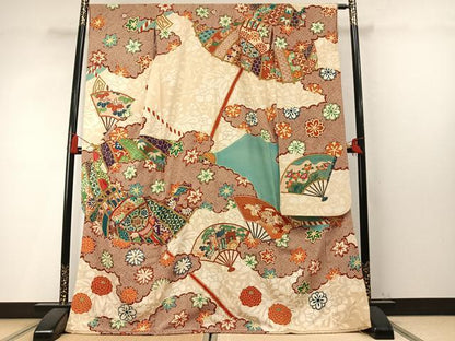 平和屋着物●中国三大刺繍　相良刺繍　振袖　駒刺繍　雲取り扇面花文　金糸　金彩　正絹　逸品　AABM4116fy