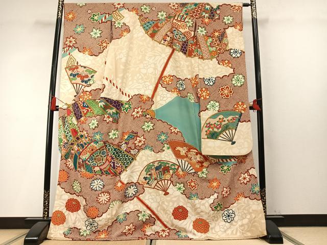平和屋着物●中国三大刺繍　相良刺繍　振袖　駒刺繍　雲取り扇面花文　金糸　金彩　正絹　逸品　AABM4116fy