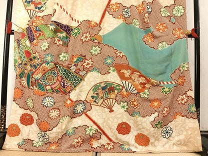 平和屋着物●中国三大刺繍　相良刺繍　振袖　駒刺繍　雲取り扇面花文　金糸　金彩　正絹　逸品　AABM4116fy