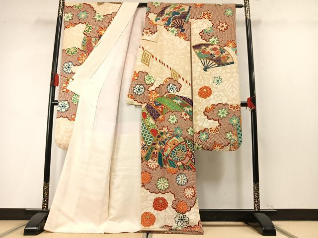 平和屋着物●中国三大刺繍　相良刺繍　振袖　駒刺繍　雲取り扇面花文　金糸　金彩　正絹　逸品　AABM4116fy