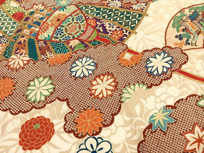 平和屋着物●中国三大刺繍　相良刺繍　振袖　駒刺繍　雲取り扇面花文　金糸　金彩　正絹　逸品　AABM4116fy