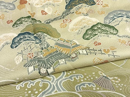 平和屋着物●訪問着　飛鶴風景松文　暈し染め　金彩　正絹　逸品　AABM4136fy