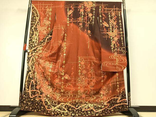 平和屋着物●豪華振袖　花蝶文　暈し染め　金彩　正絹　逸品　AABM4154fy