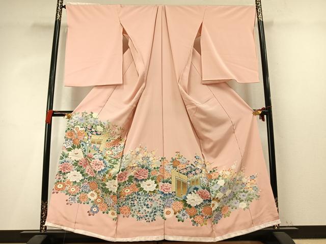平和屋着物●色留訪問着　友禅　作家物　御所車花文　仮絵羽　正絹　逸品　未使用　AABM4156fy