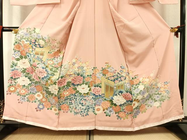 平和屋着物●色留訪問着　友禅　作家物　御所車花文　仮絵羽　正絹　逸品　未使用　AABM4156fy