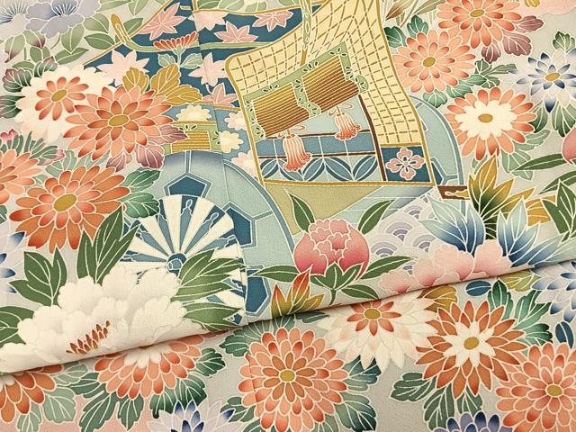平和屋着物●色留訪問着　友禅　作家物　御所車花文　仮絵羽　正絹　逸品　未使用　AABM4156fy