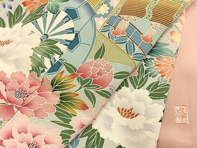 平和屋着物●色留訪問着　友禅　作家物　御所車花文　仮絵羽　正絹　逸品　未使用　AABM4156fy