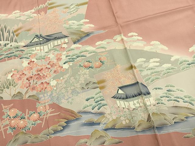 平和屋着物●色留訪問着　色紙重ね風景枝梅松文　丹後ちりめん　金彩　仮絵羽　正絹　逸品　未使用　AABM4159fy