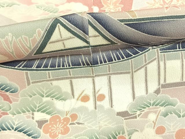 平和屋着物●色留訪問着　色紙重ね風景枝梅松文　丹後ちりめん　金彩　仮絵羽　正絹　逸品　未使用　AABM4159fy
