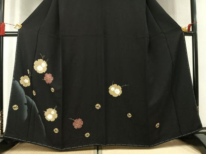 平和屋着物●訪問着　絞り　雪輪花文　黒地　金彩　まるやま扱い　正絹　逸品　AABM4163fy