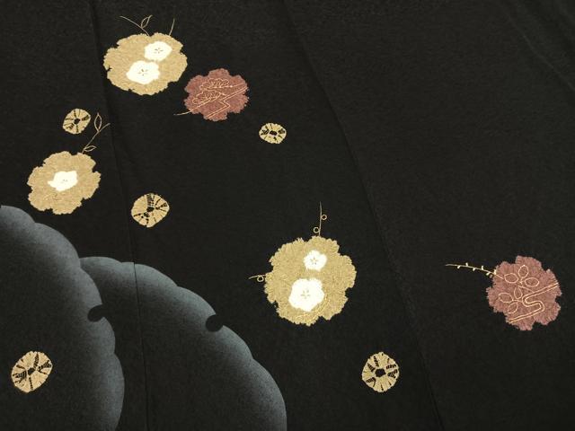 平和屋着物●訪問着　絞り　雪輪花文　黒地　金彩　まるやま扱い　正絹　逸品　AABM4163fy