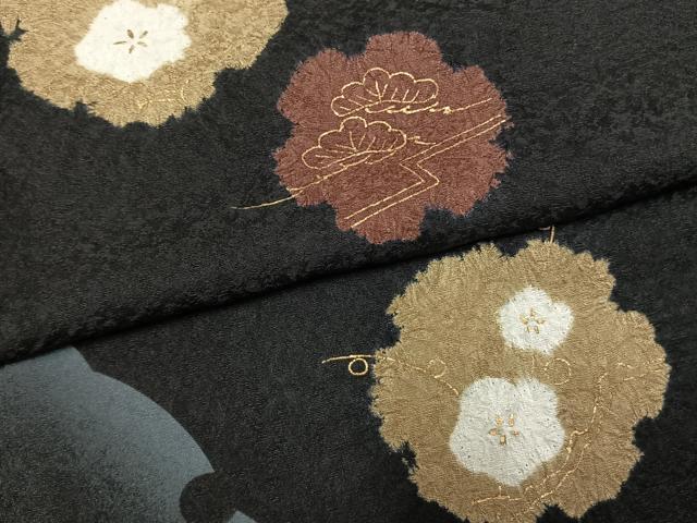 平和屋着物●訪問着　絞り　雪輪花文　黒地　金彩　まるやま扱い　正絹　逸品　AABM4163fy