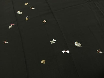 平和屋着物●訪問着　総刺繍　源氏香　宝尽くし文様　黒地　金銀糸　やまと金ラベル　正絹　逸品　AABM4172fy