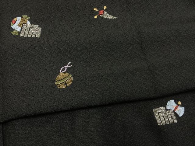 平和屋着物●訪問着　総刺繍　源氏香　宝尽くし文様　黒地　金銀糸　やまと金ラベル　正絹　逸品　AABM4172fy