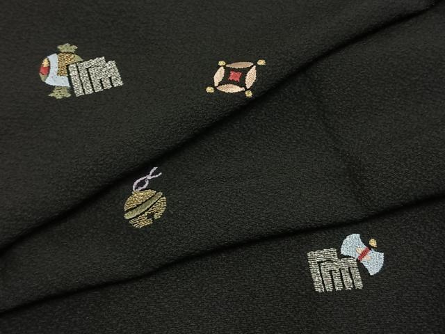 平和屋着物●訪問着　総刺繍　源氏香　宝尽くし文様　黒地　金銀糸　やまと金ラベル　正絹　逸品　AABM4172fy