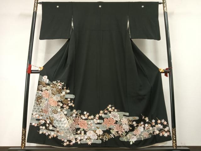 平和屋着物●豪華黒留袖　駒刺繍　草花文　金糸　金彩　正絹　逸品　AABM4176fy