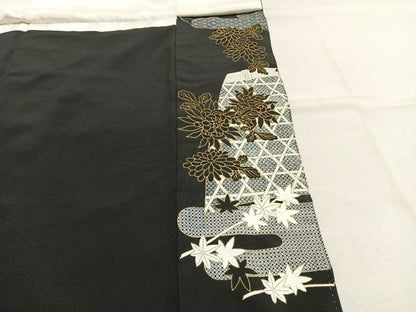 平和屋着物●豪華黒留袖　駒刺繍　草花文　金糸　金彩　正絹　逸品　AABM4176fy