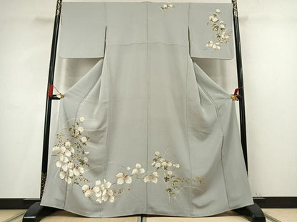 平和屋着物●訪問着　駒刺繍　草花文　金彩　鬼しぼ縮緬　正絹　逸品　AABM4180fy