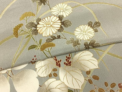 平和屋着物●訪問着　駒刺繍　草花文　金彩　鬼しぼ縮緬　正絹　逸品　AABM4180fy