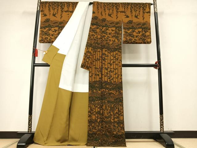 平和屋着物●訪問着　作家物　手ざし紅型　松竹梅　飛鶴花文　鬼しぼ縮緬　正絹　逸品　AABM4184fy