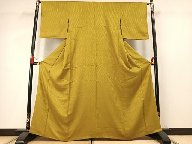 平和屋着物●上質な色無地　菱地紋　菜種油色　正絹　逸品　AABM4186fy