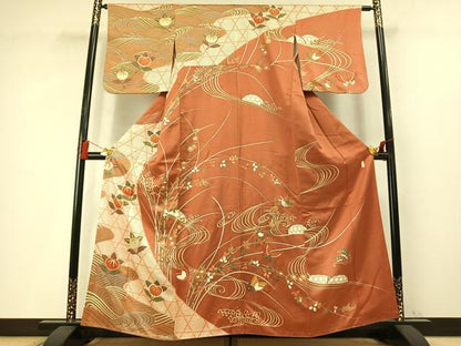 平和屋着物●十日町老舗ブランド　吉澤友禅　吾妻徳穂　訪問着　駒刺繍　流水花蝶文　金彩　正絹　逸品　AABM4189fy