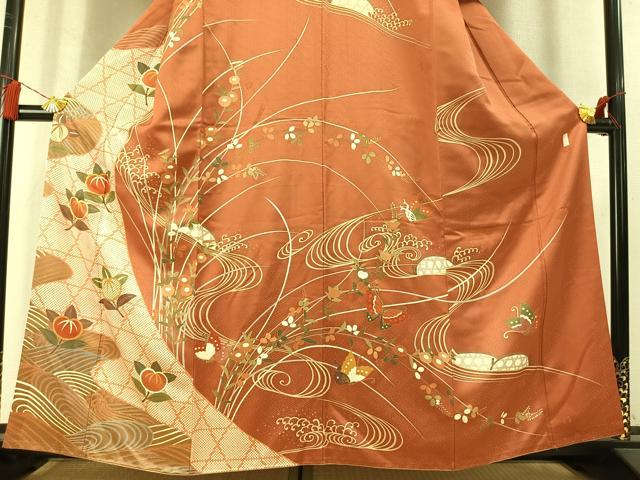 平和屋着物●十日町老舗ブランド　吉澤友禅　吾妻徳穂　訪問着　駒刺繍　流水花蝶文　金彩　正絹　逸品　AABM4189fy