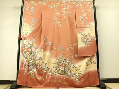 平和屋着物●豪華振袖　片輪車花文　暈し染め　金彩　正絹　逸品　AABM4208fy