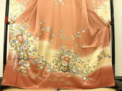 平和屋着物●豪華振袖　片輪車花文　暈し染め　金彩　正絹　逸品　AABM4208fy