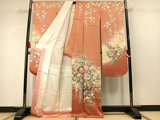 平和屋着物●豪華振袖　片輪車花文　暈し染め　金彩　正絹　逸品　AABM4208fy