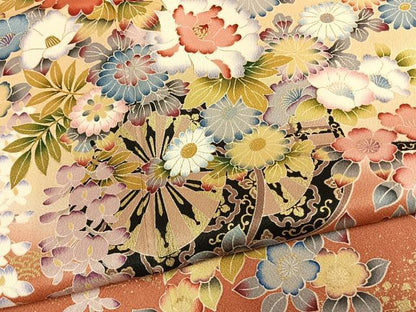 平和屋着物●豪華振袖　片輪車花文　暈し染め　金彩　正絹　逸品　AABM4208fy