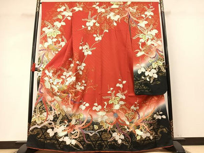 平和屋着物●豪華振袖　駒刺繍　鳳凰花文　暈し染め　金銀彩　正絹　逸品　AABM4209fy