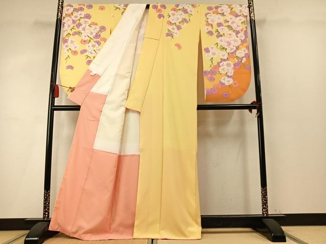 平和屋着物●小振袖　二尺袖　草花文　金彩　洗える着物　AABM4211fy