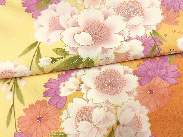 平和屋着物●小振袖　二尺袖　草花文　金彩　洗える着物　AABM4211fy
