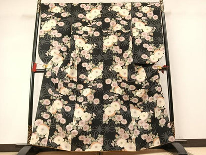 平和屋着物●小振袖　二尺袖　草花文　黒地　洗える着物　AABM4212fy